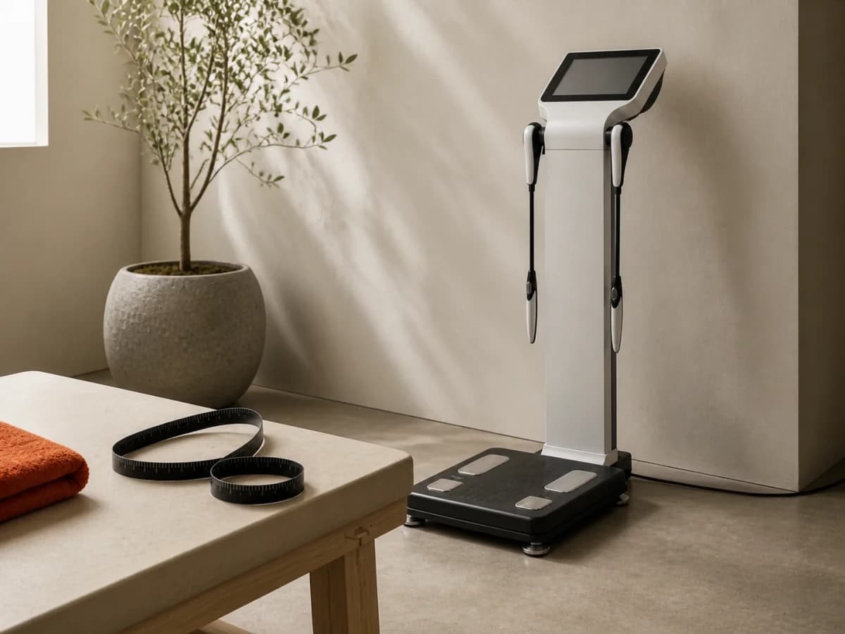 Professional body composition analyser and black measuring tape in a private studio