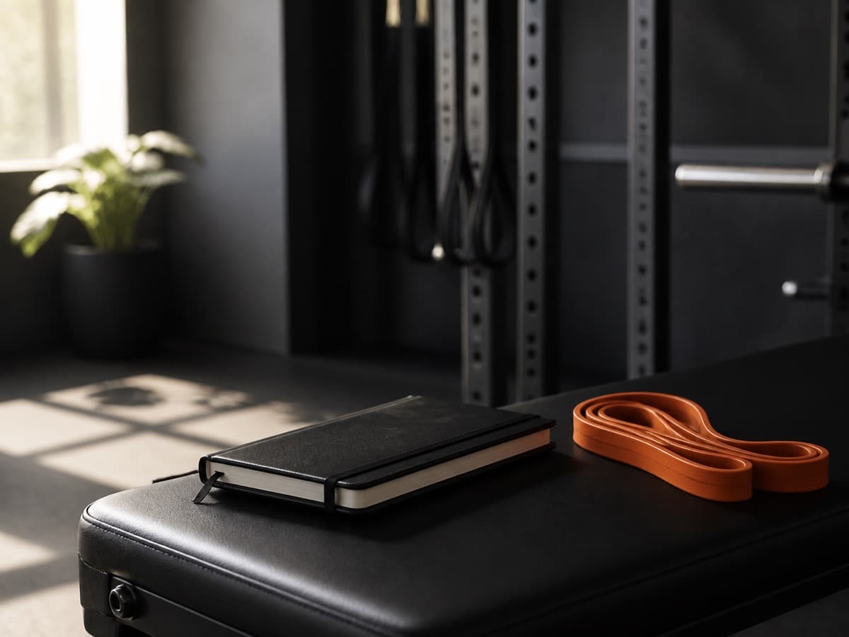 Training notebook and resistance band ready for a focused session
